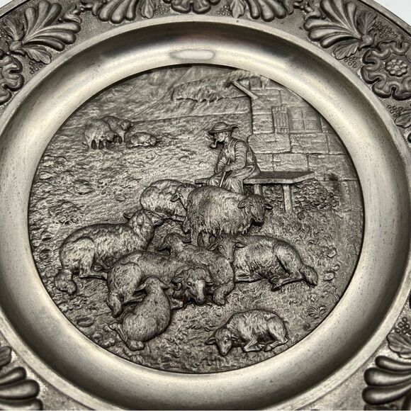 SKS Zinn 95% Pewter Decorative Round Wall Plate Decor Sheepherder West Germany - Picture 2 of 8